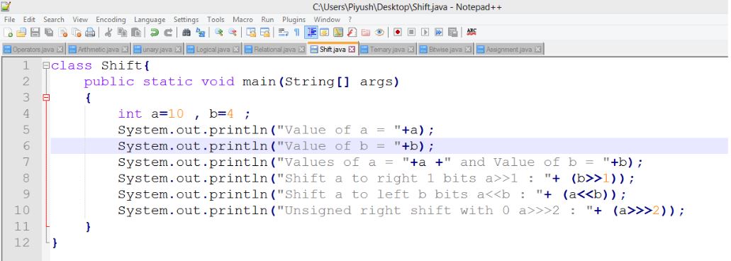 This image describes a sample program of shift operators in java.